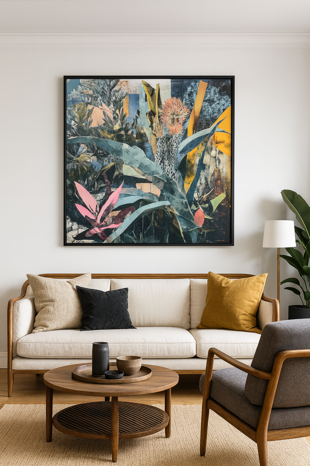A vibrant abstracted collage print of many plants and flowers in green, blue, pink, and yellow hues, in a bright scandinavian living room