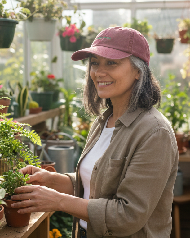 An image of the Plantish Plant Mum Hat in Vintage Red with Green embroidery being worn by a woman with grey hair inside a room full of plants