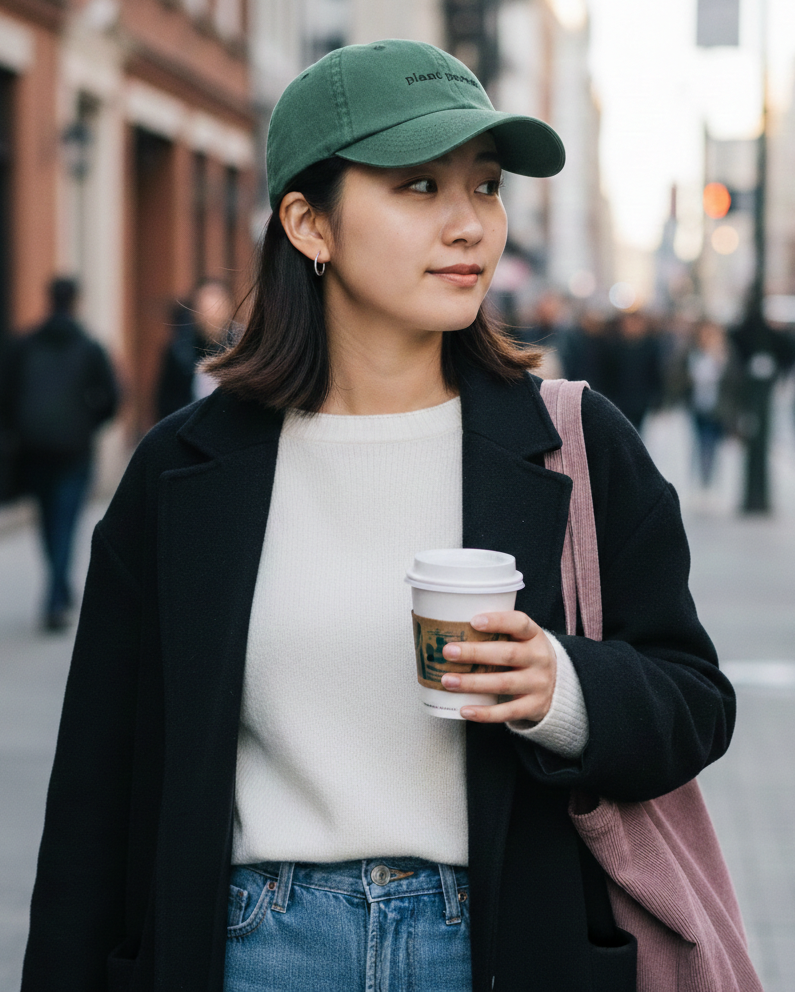 An image of the Plantish Plant Parent Hat in Vintage Bottle Green and Black embroidery worn by a woman holding a coffee cup and on a busy city street. 