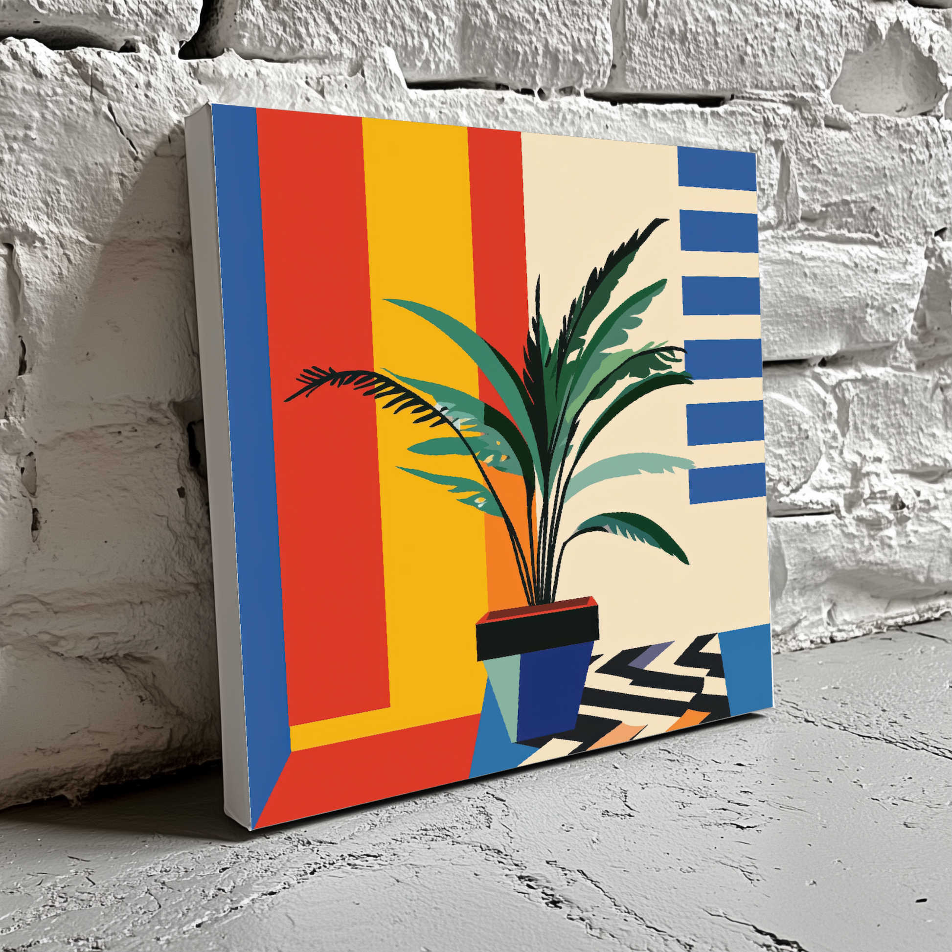 An abstract canvas of a green leafy plant and a squared blue pot with geometric lines and bold colours behind, resting on a brick wall. 