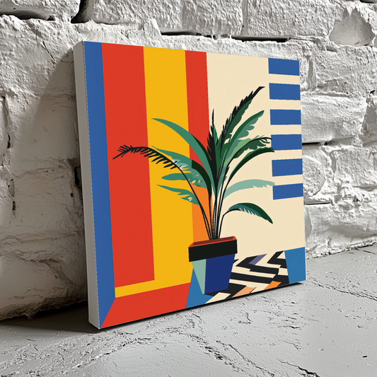 An abstract canvas of a green leafy plant and a squared blue pot with geometric lines and bold colours behind, resting on a brick wall. 