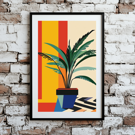 An abstract print of a green leafy plant and a squared blue pot with geometric lines and bold colours behind, framed on a brick wall. 