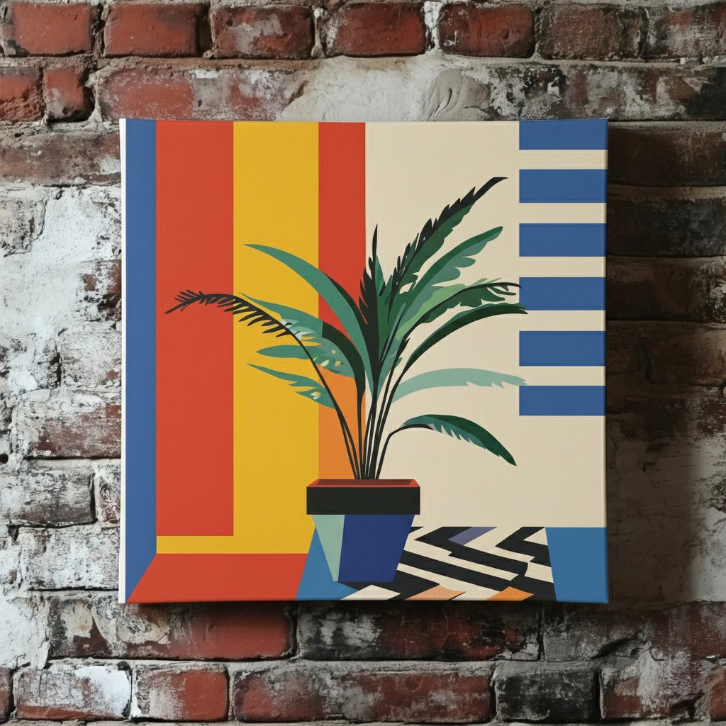 An abstract canvas of a green leafy plant and a squared blue pot with geometric lines and bold colours behind, mounted on a red brick wall