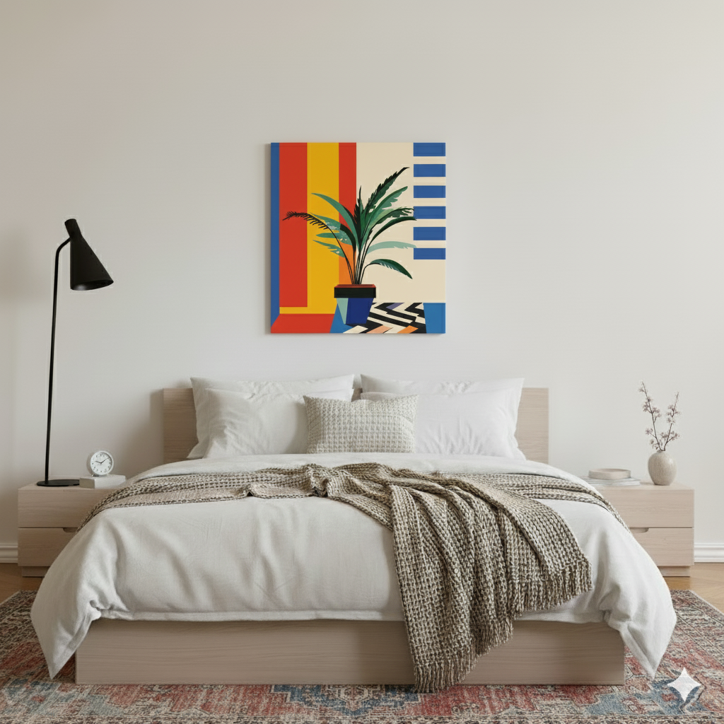 An abstract canvas of a green leafy plant and a squared blue pot with geometric lines and bold colours behind, in a bright bedroom with distressed rug