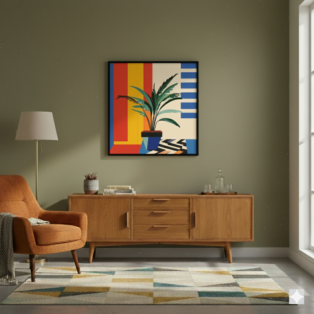 An abstract print of a green leafy plant and a squared blue pot with geometric lines and bold colours behind, in a cosy midcentury room