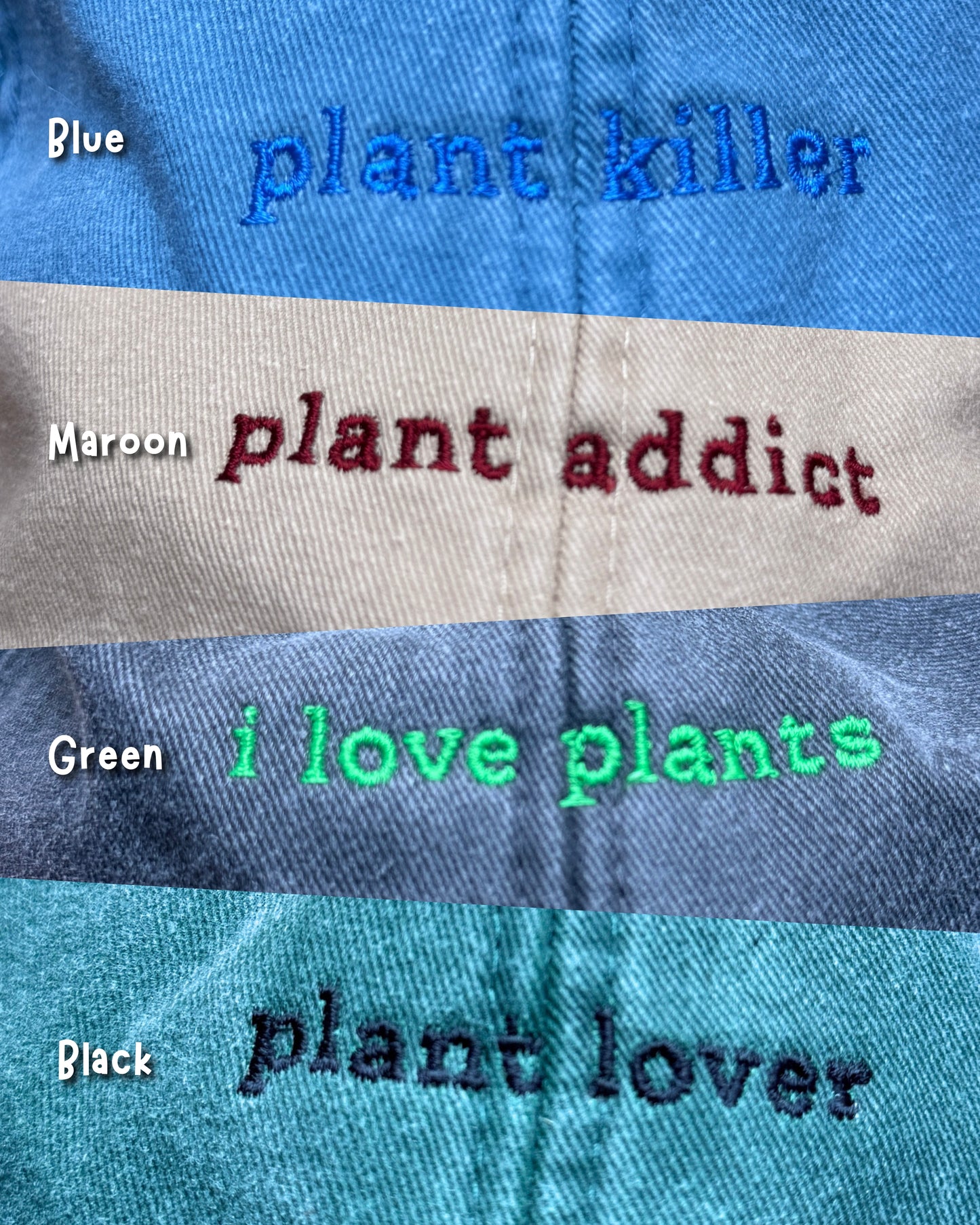 Plantish hat embroidery samples in blue, maroon, green and black.