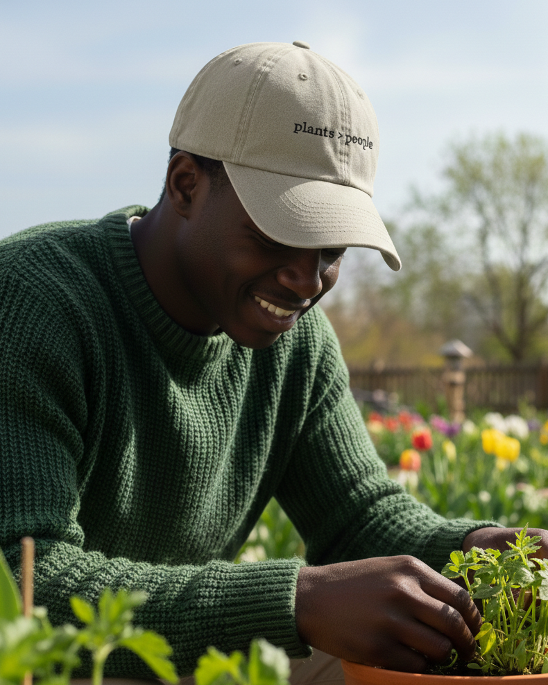 A man wearing a Plantish Plants Over People Hat in Vintage Sand with Black embroidery. He is wearing a green jumper and planting a green plant in a pot.
