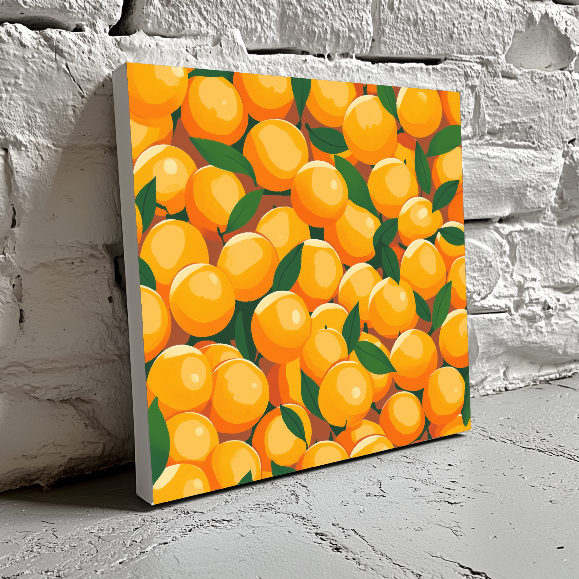 A bright screen print canvas of pop art cartoon orange fruit with vibrant green leaves, resting on a brick wall. 