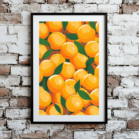 A bright screen print of pop art cartoon orange fruit with vibrant green leaves, framed on a brick wall. 