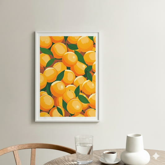 A bright screen print print of pop art cartoon orange fruit with vibrant green leaves, in a bright and neutral kitchen