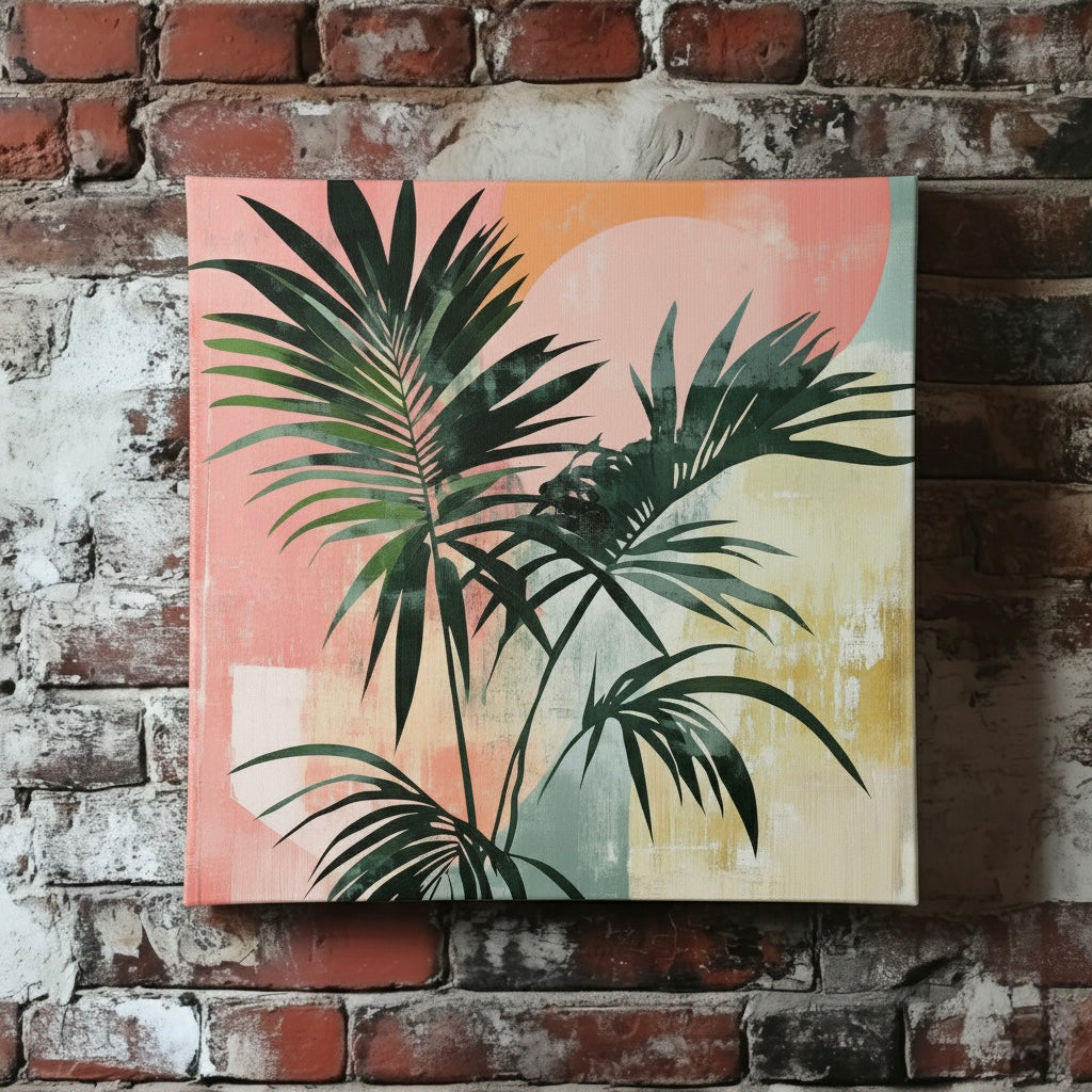 A bright canvas of green tropical palm leaves on an abstract red yellow and blue shapes background, mounted on a red brick wall