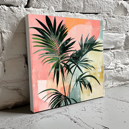 A bright canvas of green tropical palm leaves on an abstract red yellow and blue shapes background, resting on a brick wall. 