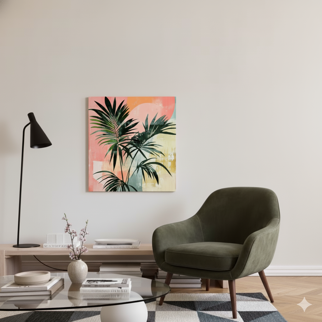 A bright canvas of green tropical palm leaves on an abstract red yellow and blue shapes background, in a bright scandinavian living room 