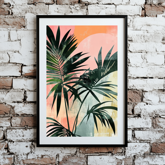 A bright print of green tropical palm leaves on an abstract red yellow and blue shapes background, framed on a brick wall. 