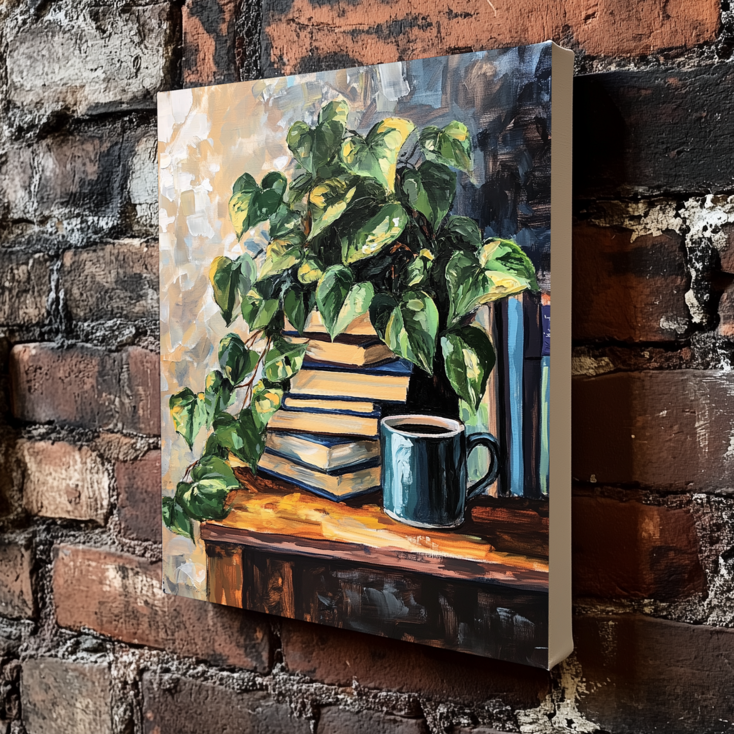 A moody acrylic canvas of a green yellow ivy on a stack of books on a brown table with a mug, hanging on a brick wall. 