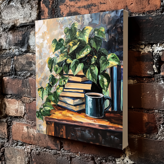 A moody acrylic canvas of a green yellow ivy on a stack of books on a brown table with a mug, hanging on a brick wall. 