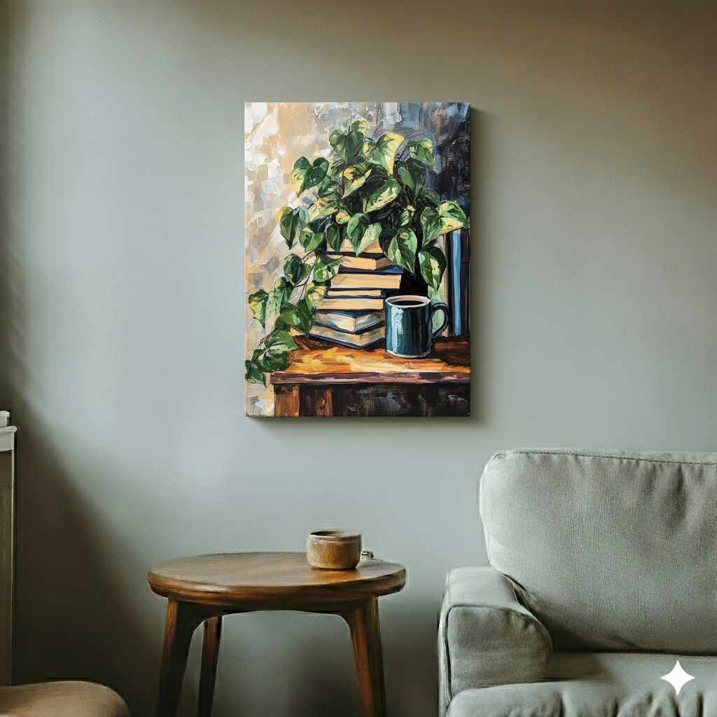 A moody acrylic canvas of a green yellow ivy on a stack of books on a brown table with a mug, hanging on a brick wall., in a cool retro living room