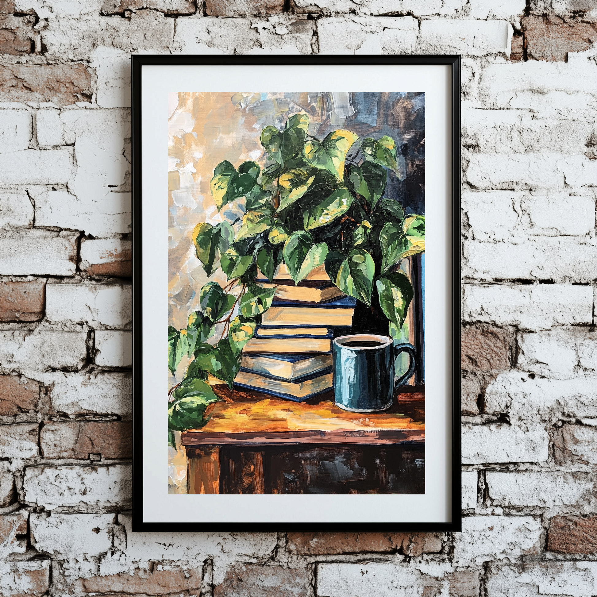 A moody acrylic print of a green yellow ivy on a stack of books on a brown table with a mug, framed on a brick wall. 