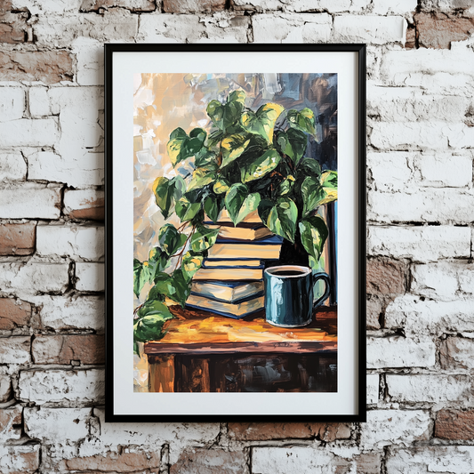 A moody acrylic print of a green yellow ivy on a stack of books on a brown table with a mug, framed on a brick wall. 
