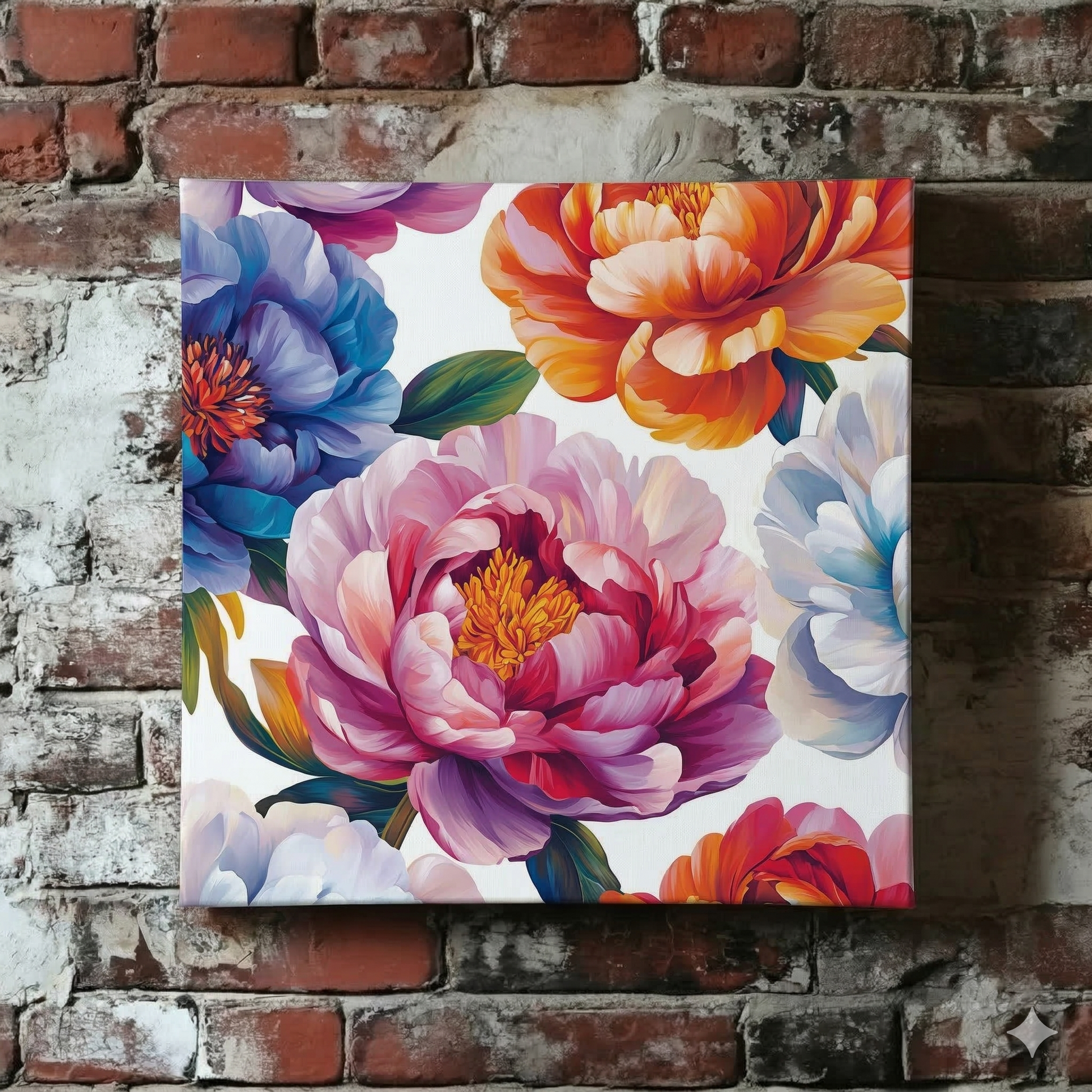 A colourful Plantish canvas of several large peony flowers, shown in pink, white, blue, orange, with green stems on a white background, hanging on a red brick wall.