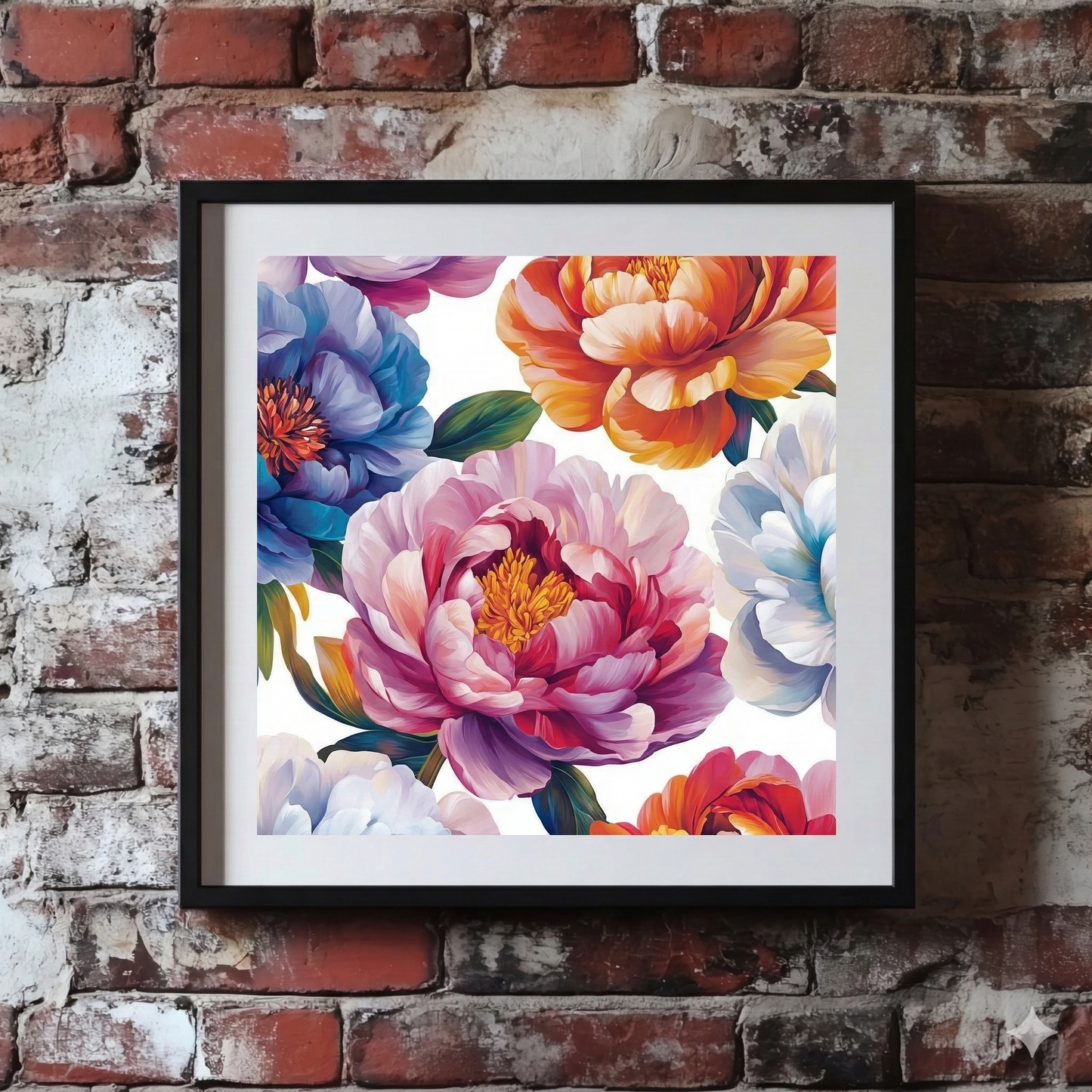A colourful Plantish print of several large peony flowers, shown in pink, white, blue, orange, with green stems on a white background, hanging on a red brick wall.