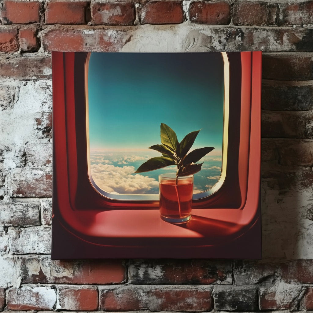 A nostalgic and edgy canvas of a propagating green plant in a glass on a pink plane window with blue sky, mounted on a red brick wall