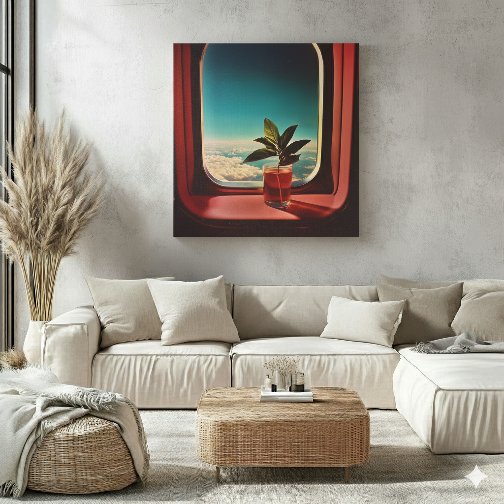 A nostalgic and edgy canvas of a propagating green plant in a glass on a pink plane window with blue sky, in a bright neutral boho living room