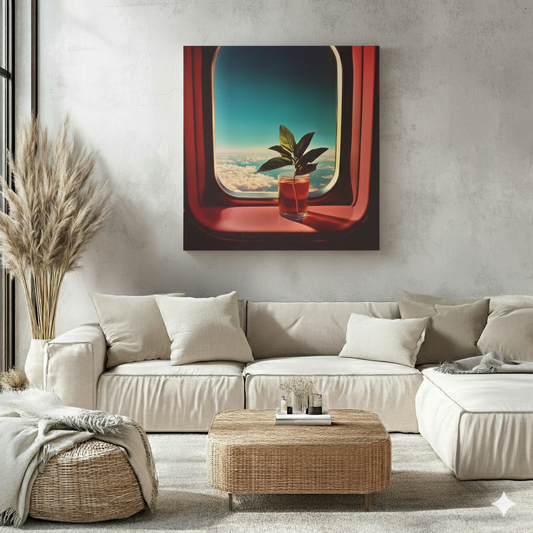 A nostalgic and edgy canvas of a propagating green plant in a glass on a pink plane window with blue sky, in a bright neutral boho living room