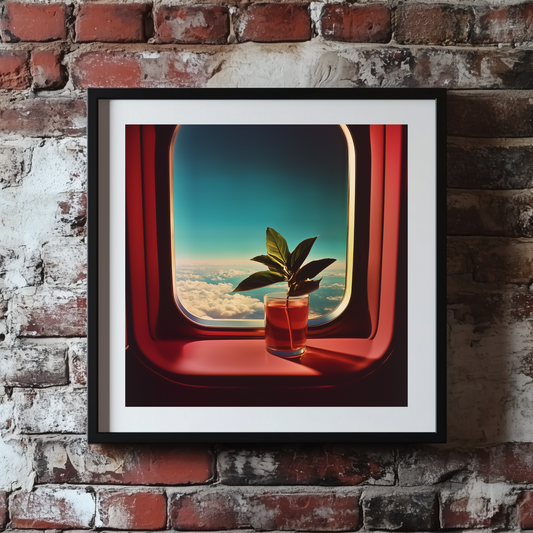 A nostalgic print of a propagating green plant in a glass sat on a pink plane window with blue sky and clouds, framed on a brick wall.