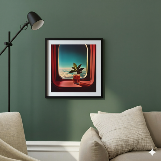 A nostalgic and edgy print of a propagating green plant in a glass on a pink plane window with blue sky, in a contemporary sunlit living room