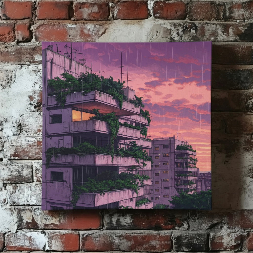 A brooding canvas of a grey apartment overgrown with green plants and a purple sky, mounted on a red brick wall