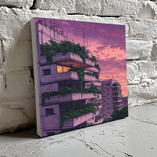 A brooding canvas of a grey apartment overgrown with green plants and a purple sky, resting on a brick wall. 