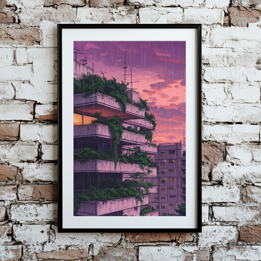 A brooding print of a grey apartment overgrown with green plants and a purple sky, framed on a brick wall. 