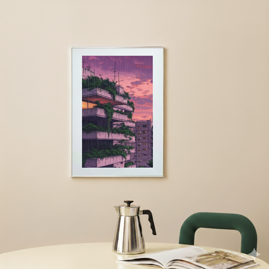 A brooding print of a grey apartment overgrown with green plants and a purple sky, in a modern bright kitchen