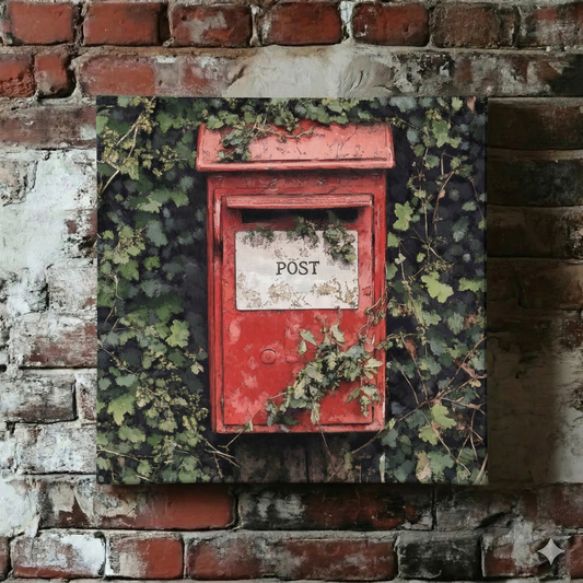 A Plantish watercolour style canvas of a bright red post box that has dense green ivy growing behind it, shown hanging on a red brick wall.
