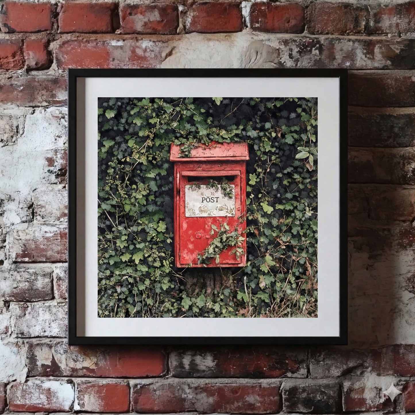 A Plantish watercolour style print of a bright red post box that has dense green ivy growing behind it, shown hanging on a red brick wall.
