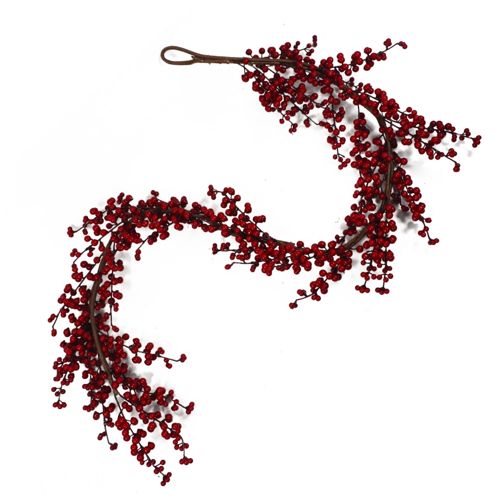 The Plantish Red Winter Berry Garland shown against a white background, highlighting the dark red berries and brown stem design. 