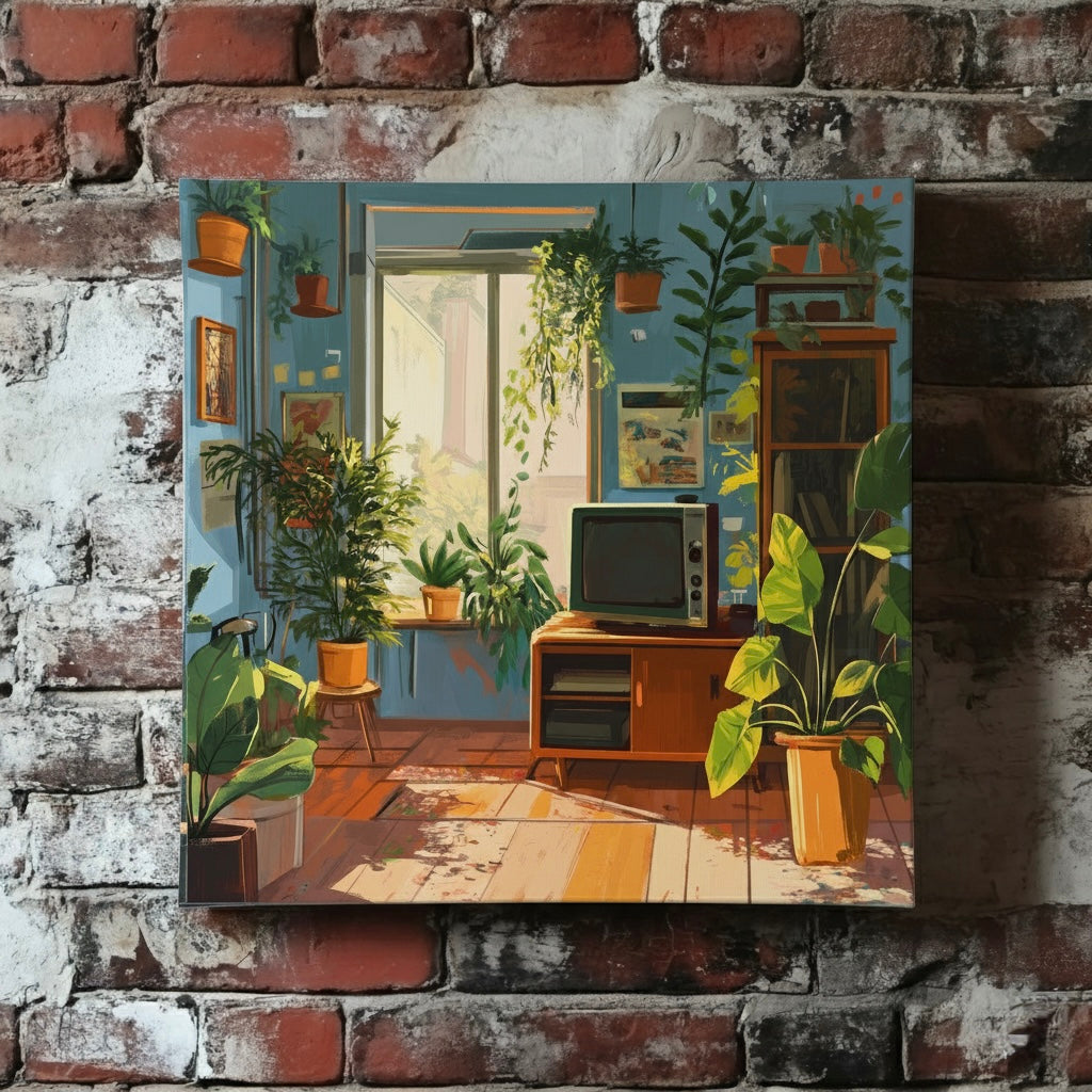 A cosy canvas of a blue walled lounge with wooden furniture, green houseplants and a retro tv, mounted on a red brick wall
