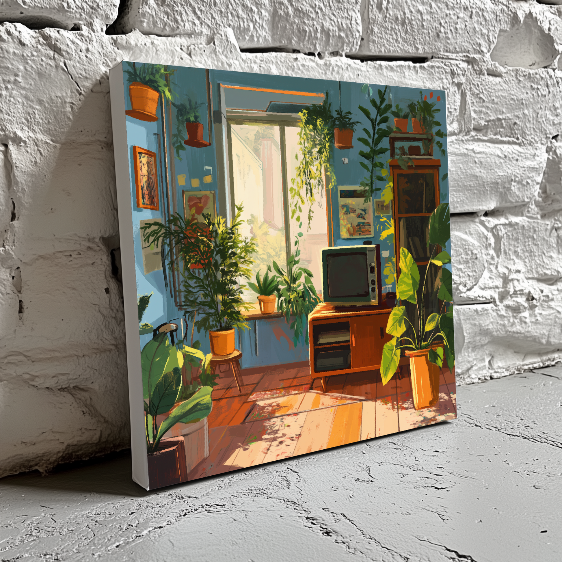 A cozy canvas of a blue walled lounge with wooden furniture, green houseplants and a retro tv, resting on a brick wall. 