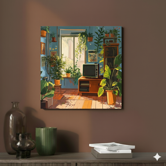 A cosy canvas of a blue walled lounge with wooden furniture, green houseplants and a retro tv, in a contemporary mauve room