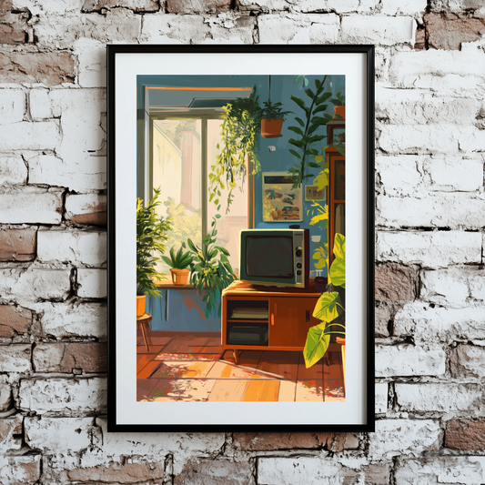 A cozy print of a blue walled lounge with wooden furniture, green houseplants and a retro tv, framed on a brick wall. 