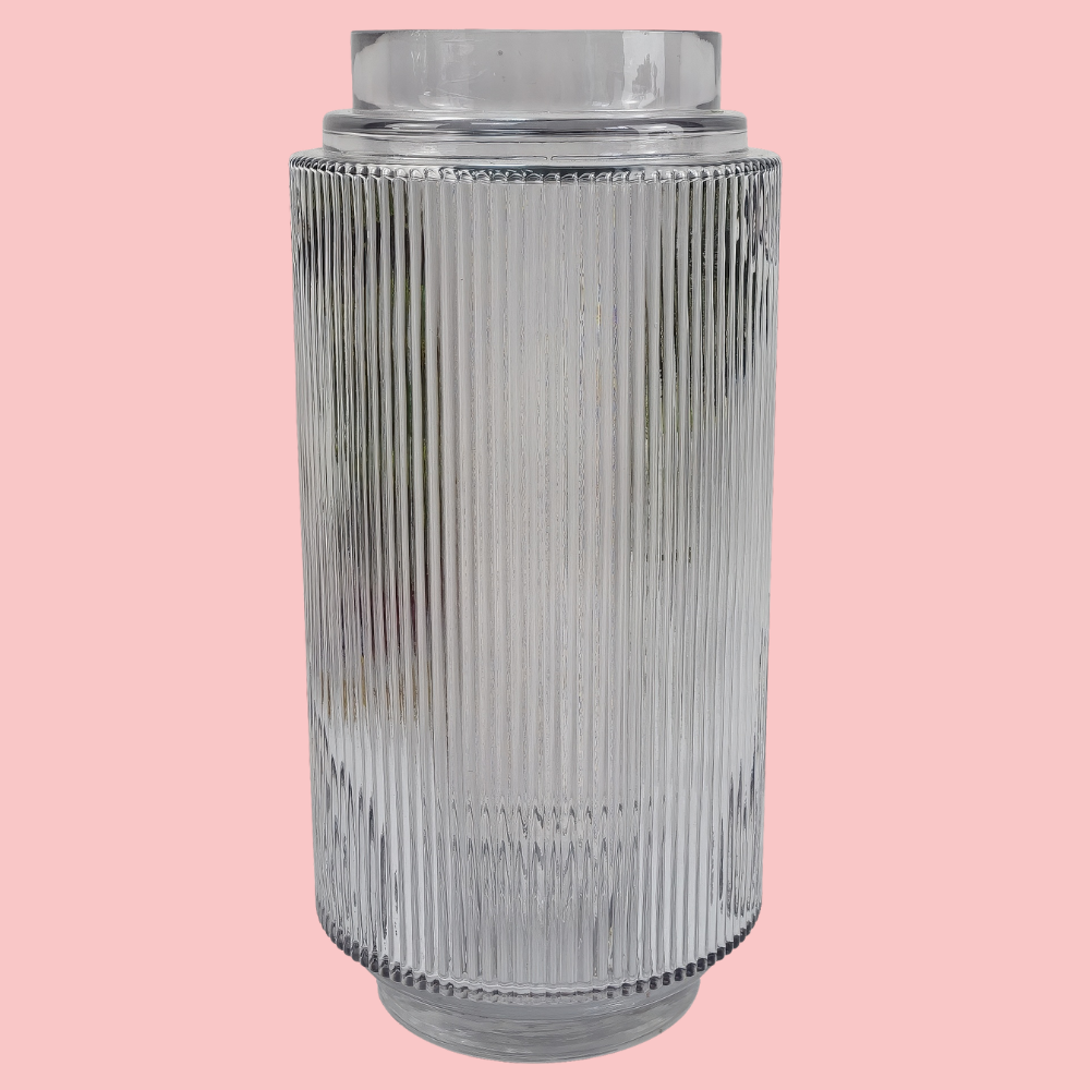 Front view of the Plantish Ridged Vase, made of clear glass, highlighting the vertical ridge design. Shown on a block pink background.