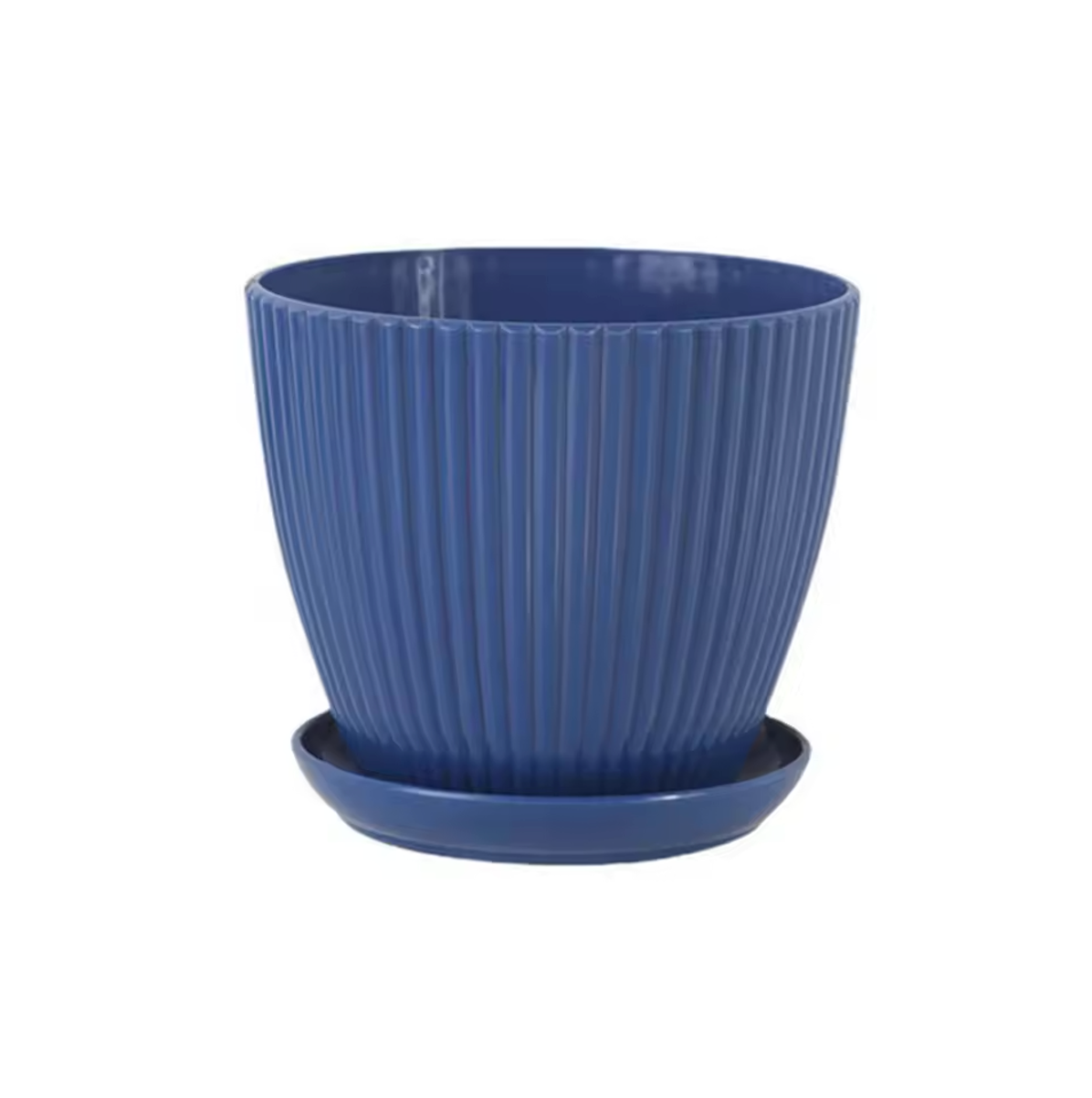 An image of the Plantish Ridged Plastic Planter in Blue, shown on a plain white background. 