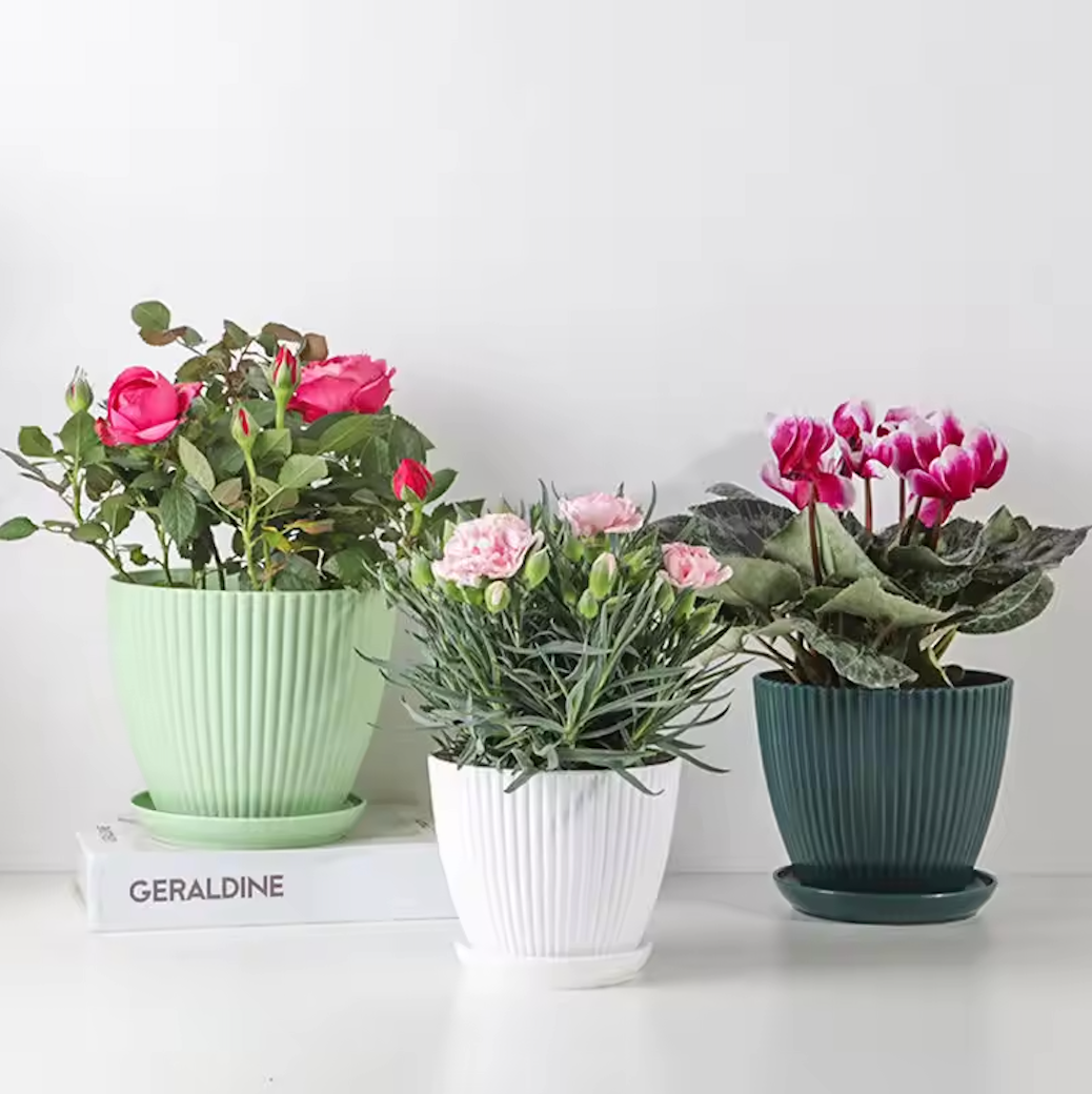 Three Plantish Ridged Plastic Planters in Mint, White, and Blue, all with green flowers inside and on a white table, in front of a white wall.