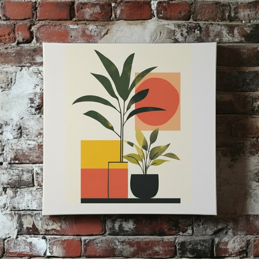 A minimalist canvas of two green plants in pots on a geometric background of red yellow and white shapes, mounted on a red brick wall