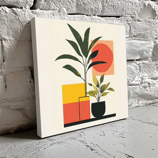 A minimalist canvas of two green plants in pots on a geometric background of red yellow and white shapes, resting on a brick wall. 