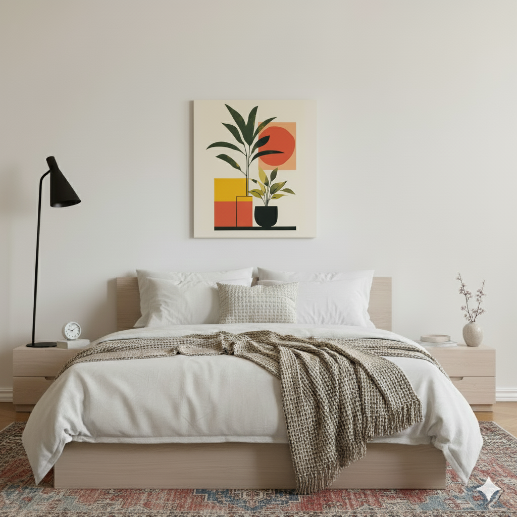 A minimalist canvas of two green plants in pots on a geometric background of red yellow and white shapes, in a bright bedroom with distressed rug