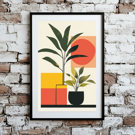 A minimalist unframed print of two green plants in pots on a geometric background of red yellow and white shapes, framed on a brick wall. 
