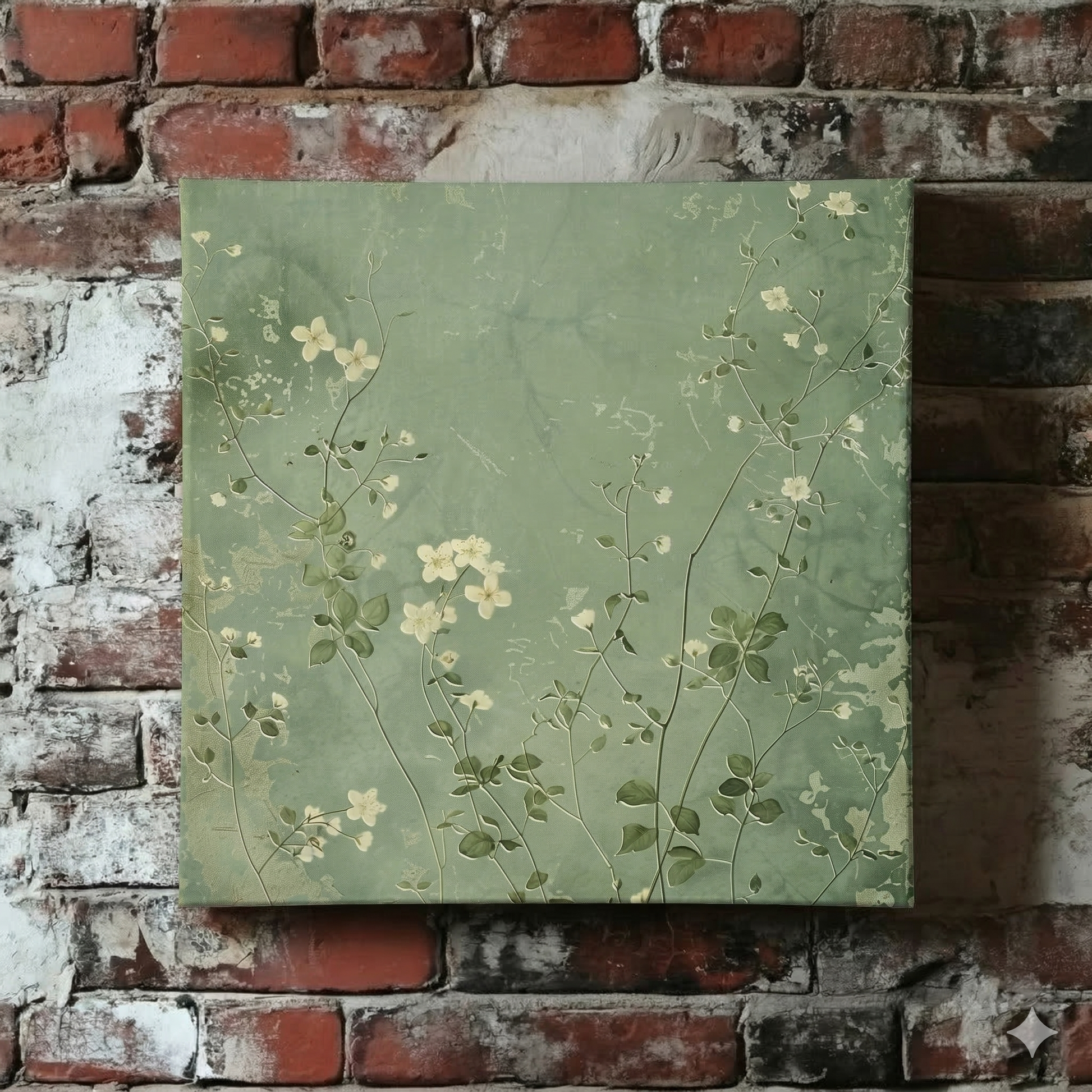 A Plantish canvas in the style of a screen print of climbing green and white wallflowers against a rich green background, hanging on a red brick wall.