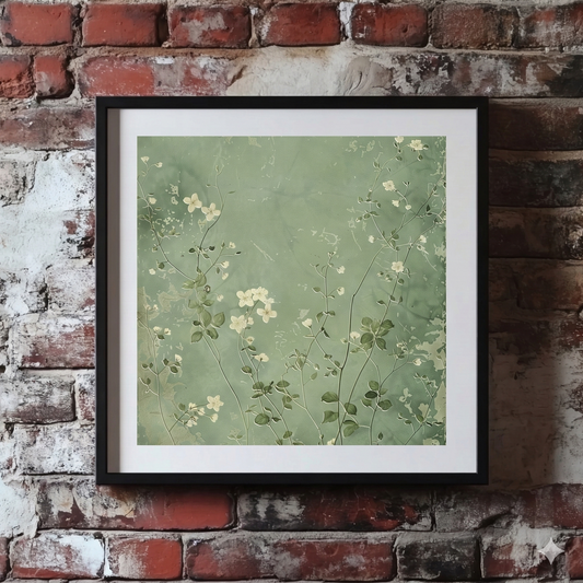 A Plantish print in the style of a screen print of climbing green and white wallflowers against a rich green background, hanging on a red brick wall.